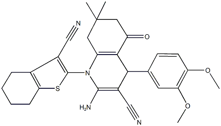 2-amino-1-(3-cyano-4,5,6,7-tetrahydro-1-benzothiophen-2-yl)-4-(3,4-dimethoxyphenyl)-7,7-dimethyl-5-oxo-1,4,5,6,7,8-hexahydro-3-quinolinecarbonitrile Struktur