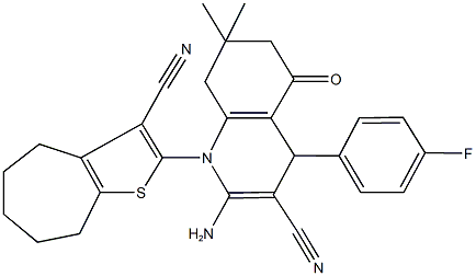 2-amino-1-(3-cyano-5,6,7,8-tetrahydro-4H-cyclohepta[b]thiophen-2-yl)-4-(4-fluorophenyl)-7,7-dimethyl-5-oxo-1,4,5,6,7,8-hexahydro-3-quinolinecarbonitrile 结构式