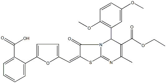 2-{5-[(5-(2,5-dimethoxyphenyl)-6-(ethoxycarbonyl)-7-methyl-3-oxo-5H-[1,3]thiazolo[3,2-a]pyrimidin-2(3H)-ylidene)methyl]-2-furyl}benzoic acid 结构式