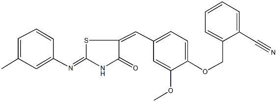 2-{[2-methoxy-4-({2-[(3-methylphenyl)imino]-4-oxo-1,3-thiazolidin-5-ylidene}methyl)phenoxy]methyl}benzonitrile Struktur