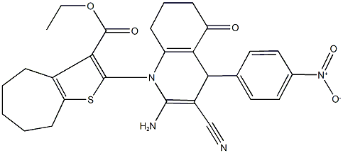 ethyl 2-(2-amino-3-cyano-4-{4-nitrophenyl}-5-oxo-5,6,7,8-tetrahydro-1(4H)-quinolinyl)-5,6,7,8-tetrahydro-4H-cyclohepta[b]thiophene-3-carboxylate 结构式