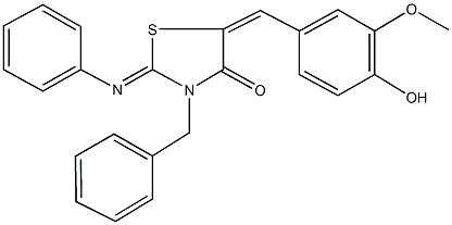 3-benzyl-5-(4-hydroxy-3-methoxybenzylidene)-2-(phenylimino)-1,3-thiazolidin-4-one Struktur