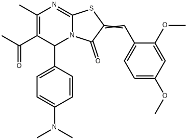 6-acetyl-2-(2,4-dimethoxybenzylidene)-5-[4-(dimethylamino)phenyl]-7-methyl-5H-[1,3]thiazolo[3,2-a]pyrimidin-3(2H)-one Struktur