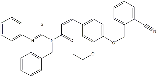 2-[(4-{[3-benzyl-4-oxo-2-(phenylimino)-1,3-thiazolidin-5-ylidene]methyl}-2-ethoxyphenoxy)methyl]benzonitrile Struktur