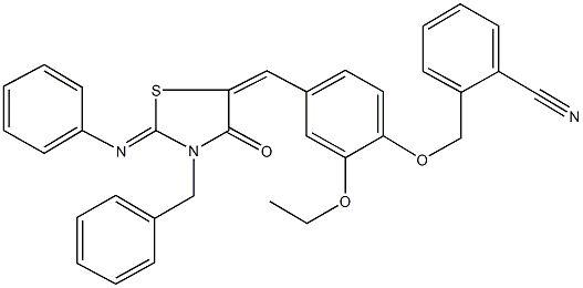 2-[(4-{[3-benzyl-4-oxo-2-(phenylimino)-1,3-thiazolidin-5-ylidene]methyl}-2-ethoxyphenoxy)methyl]benzonitrile 化学構造式