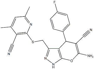 6-amino-3-{[(3-cyano-4,6-dimethyl-2-pyridinyl)sulfanyl]methyl}-4-(4-fluorophenyl)-1,4-dihydropyrano[2,3-c]pyrazole-5-carbonitrile Structure