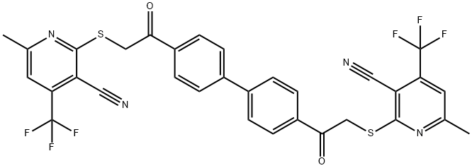 2-({2-[4'-({[3-cyano-6-methyl-4-(trifluoromethyl)-2-pyridinyl]sulfanyl}acetyl)[1,1'-biphenyl]-4-yl]-2-oxoethyl}sulfanyl)-6-methyl-4-(trifluoromethyl)nicotinonitrile 化学構造式