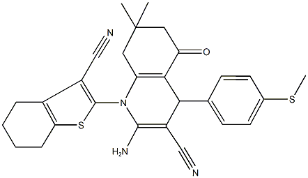 2-amino-1-(3-cyano-4,5,6,7-tetrahydro-1-benzothien-2-yl)-7,7-dimethyl-4-[4-(methylsulfanyl)phenyl]-5-oxo-1,4,5,6,7,8-hexahydro-3-quinolinecarbonitrile Struktur