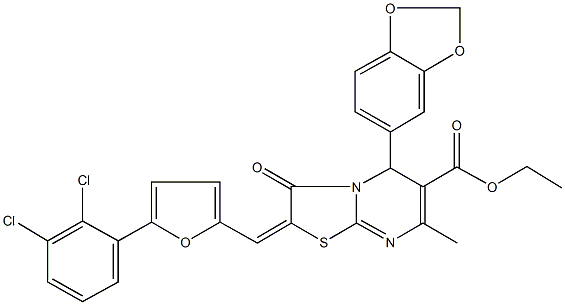 ethyl 5-(1,3-benzodioxol-5-yl)-2-{[5-(2,3-dichlorophenyl)-2-furyl]methylene}-7-methyl-3-oxo-2,3-dihydro-5H-[1,3]thiazolo[3,2-a]pyrimidine-6-carboxylate Structure