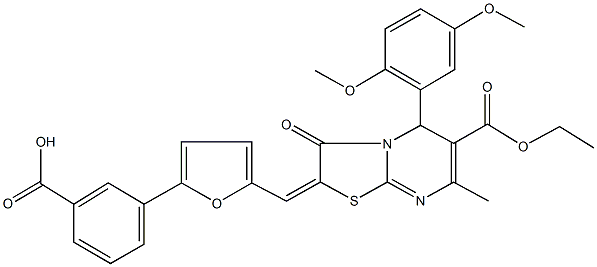 3-{5-[(5-(2,5-dimethoxyphenyl)-6-(ethoxycarbonyl)-7-methyl-3-oxo-5H-[1,3]thiazolo[3,2-a]pyrimidin-2(3H)-ylidene)methyl]-2-furyl}benzoic acid 化学構造式