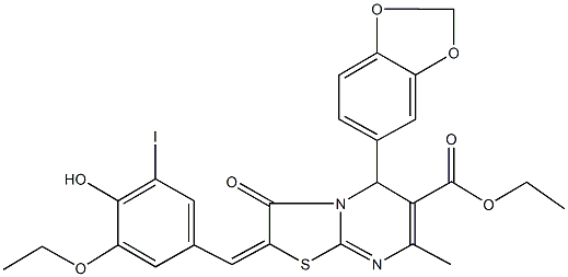 ethyl 5-(1,3-benzodioxol-5-yl)-2-(3-ethoxy-4-hydroxy-5-iodobenzylidene)-7-methyl-3-oxo-2,3-dihydro-5H-[1,3]thiazolo[3,2-a]pyrimidine-6-carboxylate 结构式