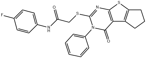 N-(4-fluorophenyl)-2-[(4-oxo-3-phenyl-3,5,6,7-tetrahydro-4H-cyclopenta[4,5]thieno[2,3-d]pyrimidin-2-yl)sulfanyl]acetamide 结构式