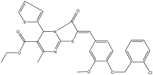 ethyl 2-{4-[(2-chlorobenzyl)oxy]-3-methoxybenzylidene}-7-methyl-3-oxo-5-(2-thienyl)-2,3-dihydro-5H-[1,3]thiazolo[3,2-a]pyrimidine-6-carboxylate Structure