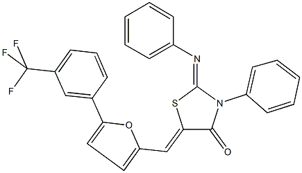 3-phenyl-2-(phenylimino)-5-({5-[3-(trifluoromethyl)phenyl]-2-furyl}methylene)-1,3-thiazolidin-4-one 结构式