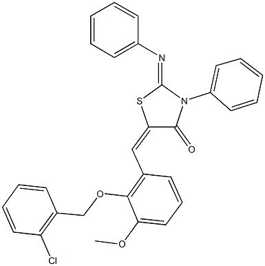 5-{2-[(2-chlorobenzyl)oxy]-3-methoxybenzylidene}-3-phenyl-2-(phenylimino)-1,3-thiazolidin-4-one 化学構造式