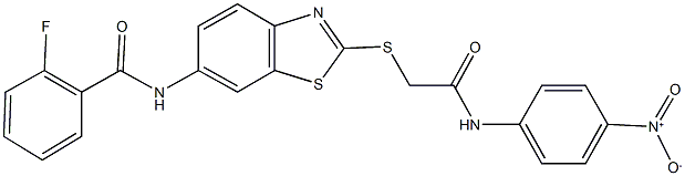 2-fluoro-N-{2-[(2-{4-nitroanilino}-2-oxoethyl)sulfanyl]-1,3-benzothiazol-6-yl}benzamide|