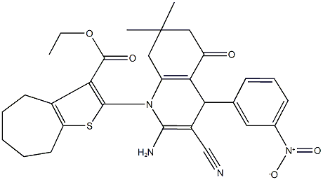 ethyl 2-(2-amino-3-cyano-4-{3-nitrophenyl}-7,7-dimethyl-5-oxo-5,6,7,8-tetrahydro-1(4H)-quinolinyl)-5,6,7,8-tetrahydro-4H-cyclohepta[b]thiophene-3-carboxylate Struktur