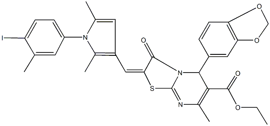 ethyl 5-(1,3-benzodioxol-5-yl)-2-{[1-(4-iodo-3-methylphenyl)-2,5-dimethyl-1H-pyrrol-3-yl]methylene}-7-methyl-3-oxo-2,3-dihydro-5H-[1,3]thiazolo[3,2-a]pyrimidine-6-carboxylate Structure