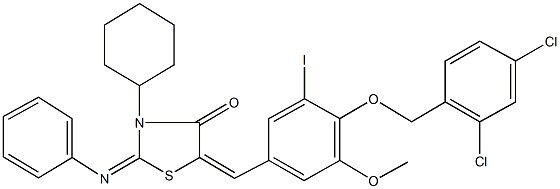 3-cyclohexyl-5-{4-[(2,4-dichlorobenzyl)oxy]-3-iodo-5-methoxybenzylidene}-2-(phenylimino)-1,3-thiazolidin-4-one Structure
