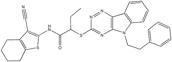 N-(3-cyano-4,5,6,7-tetrahydro-1-benzothien-2-yl)-2-{[5-(2-phenylethyl)-5H-[1,2,4]triazino[5,6-b]indol-3-yl]sulfanyl}butanamide 结构式