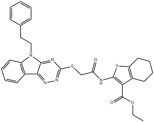 ethyl 2-[({[5-(2-phenylethyl)-5H-[1,2,4]triazino[5,6-b]indol-3-yl]sulfanyl}acetyl)amino]-4,5,6,7-tetrahydro-1-benzothiophene-3-carboxylate Struktur
