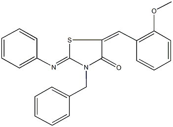 3-benzyl-5-(2-methoxybenzylidene)-2-(phenylimino)-1,3-thiazolidin-4-one 化学構造式