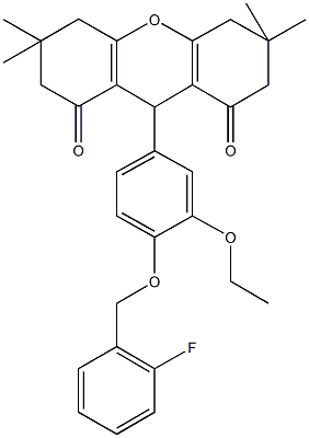 9-{3-ethoxy-4-[(2-fluorobenzyl)oxy]phenyl}-3,3,6,6-tetramethyl-3,4,5,6,7,9-hexahydro-1H-xanthene-1,8(2H)-dione Struktur