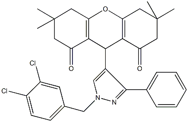 9-[1-(3,4-dichlorobenzyl)-3-phenyl-1H-pyrazol-4-yl]-3,3,6,6-tetramethyl-3,4,5,6,7,9-hexahydro-1H-xanthene-1,8(2H)-dione Struktur