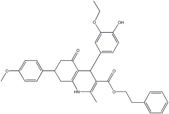 2-phenylethyl 4-(3-ethoxy-4-hydroxyphenyl)-7-(4-methoxyphenyl)-2-methyl-5-oxo-1,4,5,6,7,8-hexahydro-3-quinolinecarboxylate Struktur