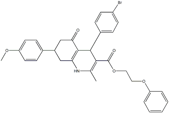 2-phenoxyethyl 4-(4-bromophenyl)-7-(4-methoxyphenyl)-2-methyl-5-oxo-1,4,5,6,7,8-hexahydro-3-quinolinecarboxylate 化学構造式