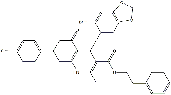 2-phenylethyl 4-(6-bromo-1,3-benzodioxol-5-yl)-7-(4-chlorophenyl)-2-methyl-5-oxo-1,4,5,6,7,8-hexahydro-3-quinolinecarboxylate 化学構造式
