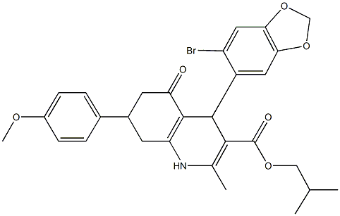 isobutyl 4-(6-bromo-1,3-benzodioxol-5-yl)-7-(4-methoxyphenyl)-2-methyl-5-oxo-1,4,5,6,7,8-hexahydro-3-quinolinecarboxylate 化学構造式