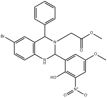 methyl (6-bromo-2-[2-hydroxy-3-nitro-5-(methyloxy)phenyl]-4-phenyl-1,4-dihydroquinazolin-3(2H)-yl)acetate 化学構造式