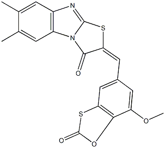 2-[(7-methoxy-2-oxo-1,3-benzoxathiol-5-yl)methylene]-6,7-dimethyl[1,3]thiazolo[3,2-a]benzimidazol-3(2H)-one Struktur