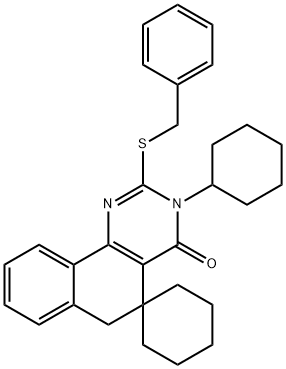 2-(benzylsulfanyl)-3-cyclohexyl-5,6-dihydrospiro(benzo[h]quinazoline-5,1'-cyclohexane)-4(3H)-one 化学構造式