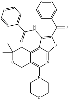 N-[2-benzoyl-8,8-dimethyl-5-(4-morpholinyl)-8,9-dihydro-6H-pyrano[4,3-d]thieno[2,3-b]pyridin-1-yl]benzamide 结构式