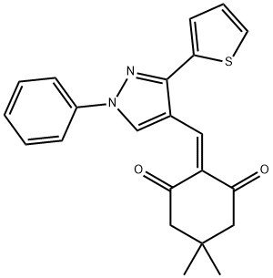 5,5-dimethyl-2-{[1-phenyl-3-(2-thienyl)-1H-pyrazol-4-yl]methylene}-1,3-cyclohexanedione 化学構造式