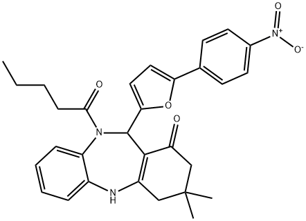 11-(5-{4-nitrophenyl}-2-furyl)-3,3-dimethyl-10-pentanoyl-2,3,4,5,10,11-hexahydro-1H-dibenzo[b,e][1,4]diazepin-1-one Structure