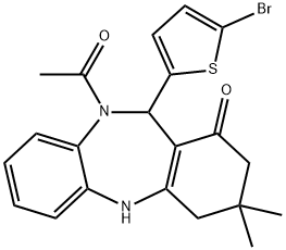 10-acetyl-11-(5-bromo-2-thienyl)-3,3-dimethyl-2,3,4,5,10,11-hexahydro-1H-dibenzo[b,e][1,4]diazepin-1-one Struktur