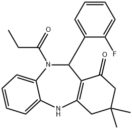 11-(2-fluorophenyl)-3,3-dimethyl-10-propionyl-2,3,4,5,10,11-hexahydro-1H-dibenzo[b,e][1,4]diazepin-1-one Struktur