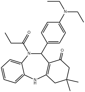 11-[4-(diethylamino)phenyl]-3,3-dimethyl-10-propionyl-2,3,4,5,10,11-hexahydro-1H-dibenzo[b,e][1,4]diazepin-1-one Struktur