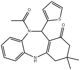10-acetyl-3,3-dimethyl-11-(2-thienyl)-2,3,4,5,10,11-hexahydro-1H-dibenzo[b,e][1,4]diazepin-1-one Struktur