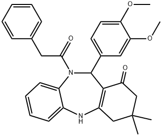 11-(3,4-dimethoxyphenyl)-3,3-dimethyl-10-(phenylacetyl)-2,3,4,5,10,11-hexahydro-1H-dibenzo[b,e][1,4]diazepin-1-one Struktur