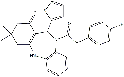 10-[(4-fluorophenyl)acetyl]-3,3-dimethyl-11-(2-thienyl)-2,3,4,5,10,11-hexahydro-1H-dibenzo[b,e][1,4]diazepin-1-one Struktur