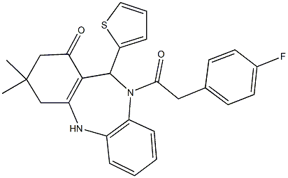 10-[(4-fluorophenyl)acetyl]-3,3-dimethyl-11-(2-thienyl)-2,3,4,5,10,11-hexahydro-1H-dibenzo[b,e][1,4]diazepin-1-one 化学構造式