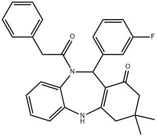 11-(3-fluorophenyl)-3,3-dimethyl-10-(phenylacetyl)-2,3,4,5,10,11-hexahydro-1H-dibenzo[b,e][1,4]diazepin-1-one Struktur