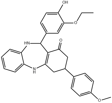 11-(3-ethoxy-4-hydroxyphenyl)-3-(4-methoxyphenyl)-2,3,4,5,10,11-hexahydro-1H-dibenzo[b,e][1,4]diazepin-1-one Struktur