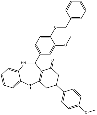 11-[4-(benzyloxy)-3-methoxyphenyl]-3-(4-methoxyphenyl)-2,3,4,5,10,11-hexahydro-1H-dibenzo[b,e][1,4]diazepin-1-one Struktur