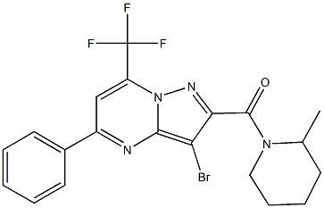 3-bromo-2-[(2-methylpiperidin-1-yl)carbonyl]-5-phenyl-7-(trifluoromethyl)pyrazolo[1,5-a]pyrimidine 化学構造式