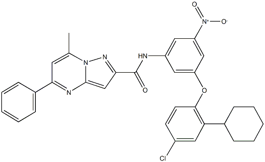 N-{3-(4-chloro-2-cyclohexylphenoxy)-5-nitrophenyl}-7-methyl-5-phenylpyrazolo[1,5-a]pyrimidine-2-carboxamide Struktur